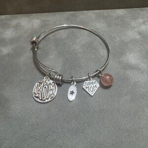 Charm Bracelet Silver Adjustable Super Mom Heart Charms Pink Glass Bead Bangle